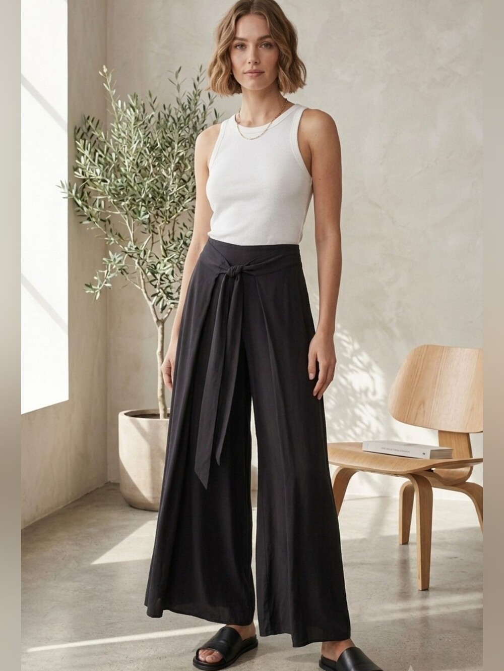 ICONE Simons Black Tie Waist Wide Leg Pants EcoVero Viscose Large